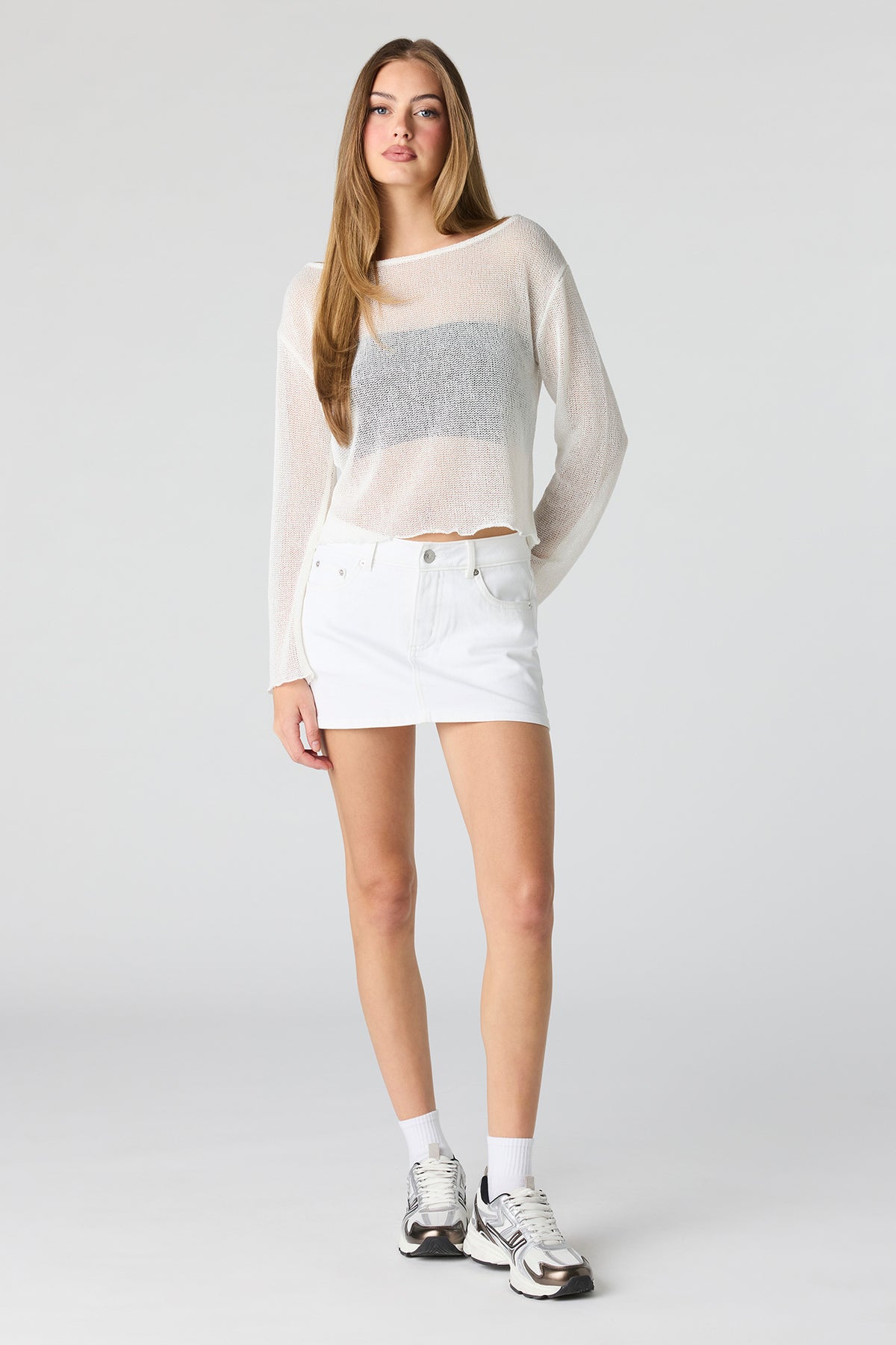 Alt View 3. Denim Low Rise Micro Mini Skort - White