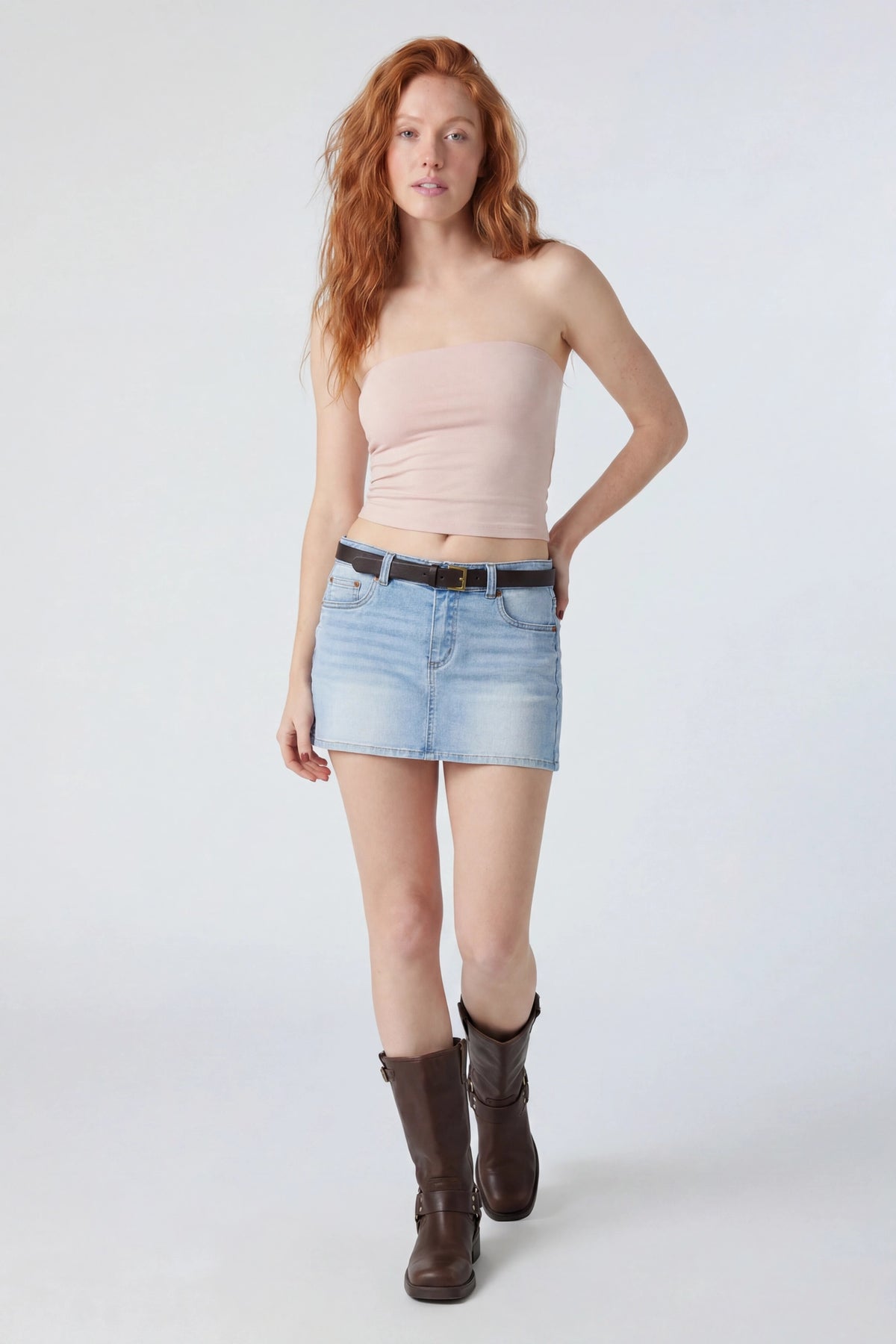 Stretch Denim Belted Mini Skort - Light Denim Blue