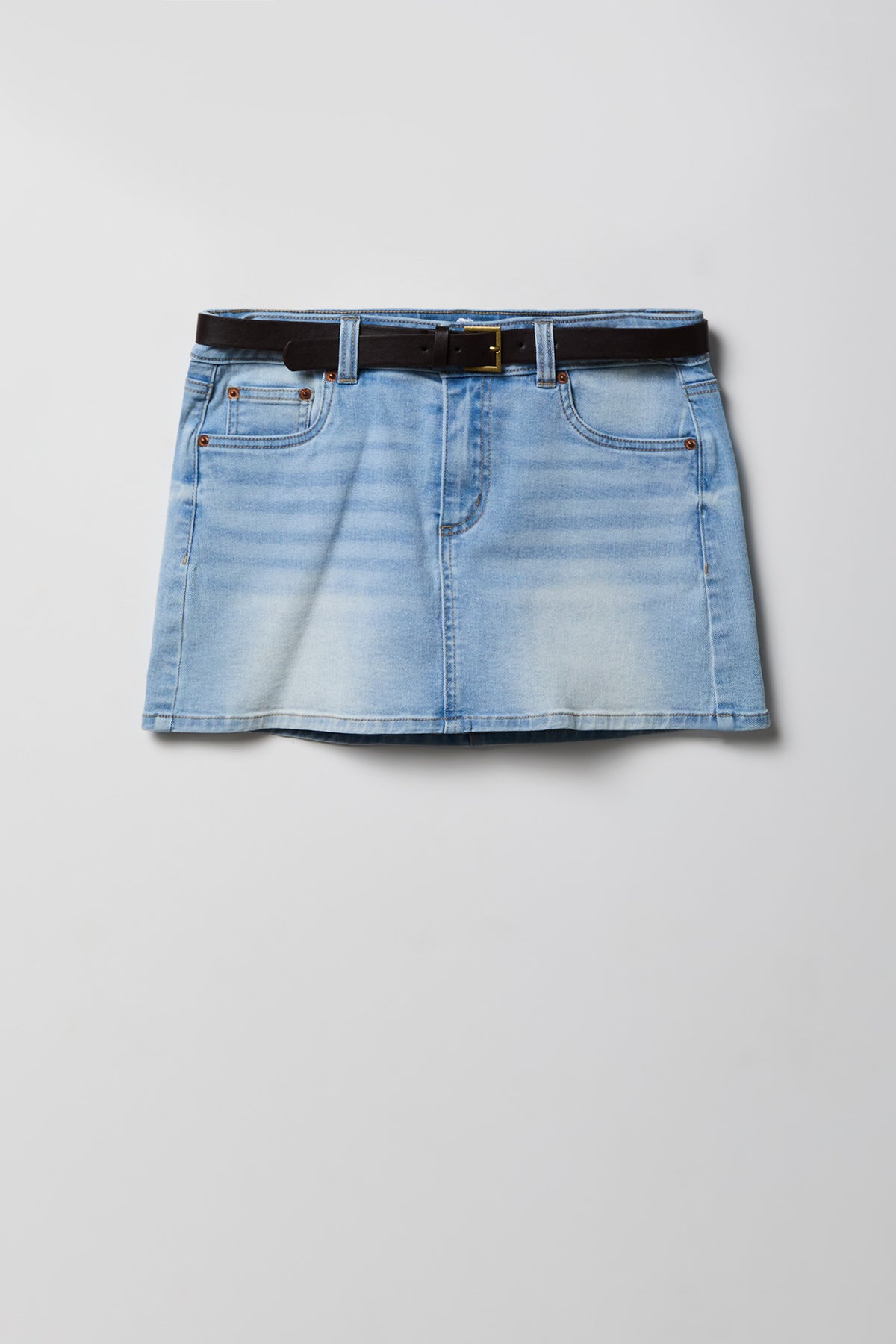 Alt View 4. Stretch Denim Belted Mini Skort - Light Denim Blue