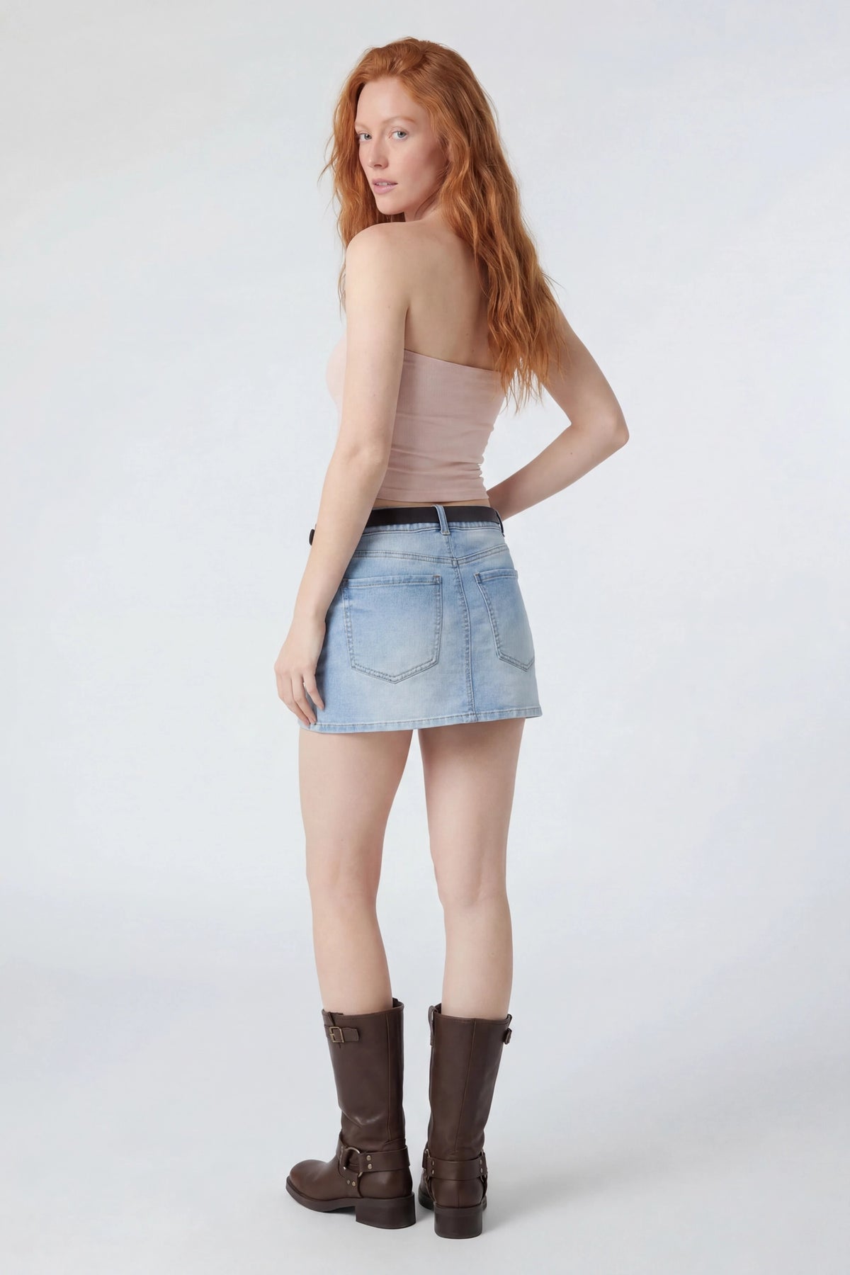 Alt View 2. Stretch Denim Belted Mini Skort - Light Denim Blue