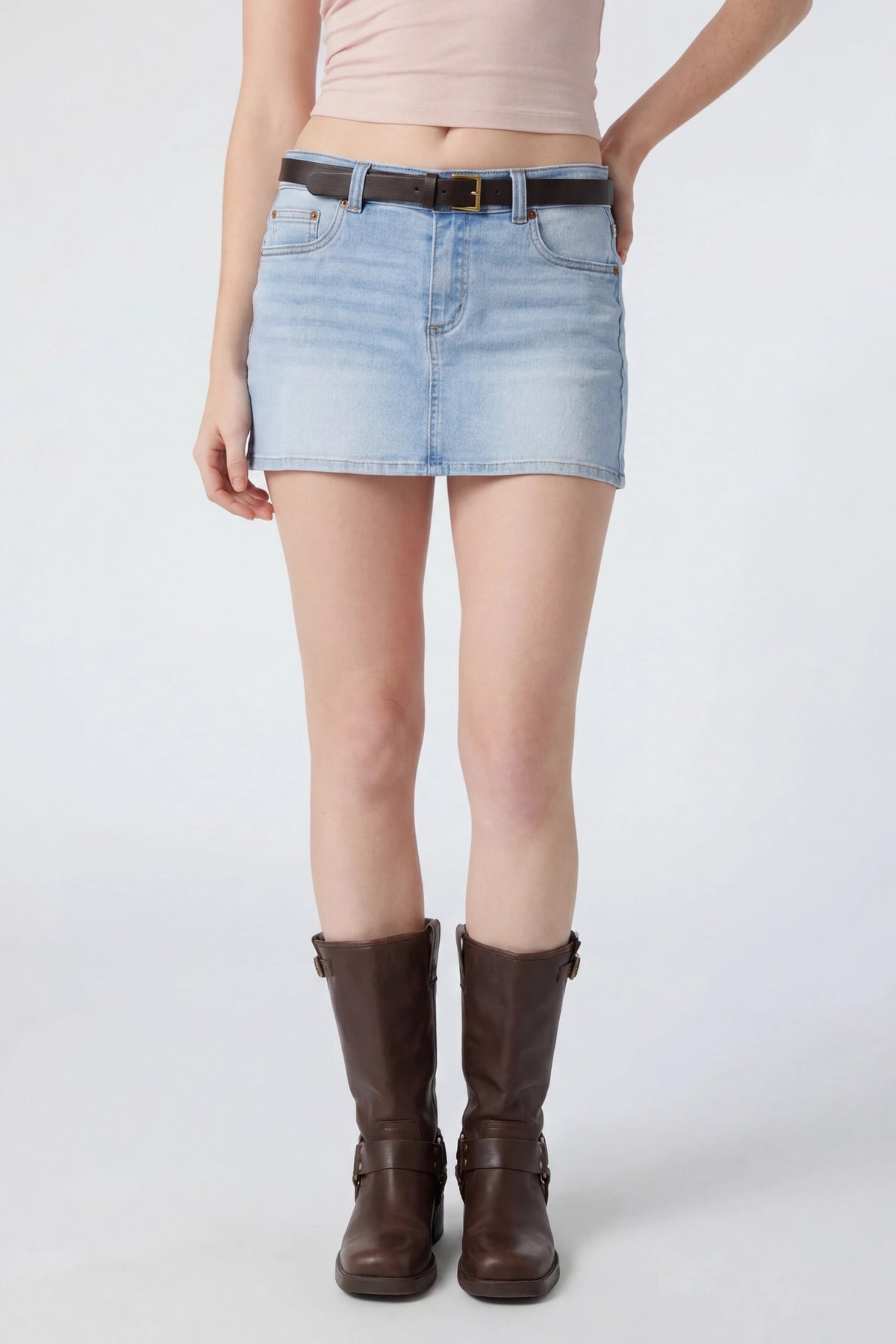 Alt View 3. Stretch Denim Belted Mini Skort - Light Denim Blue
