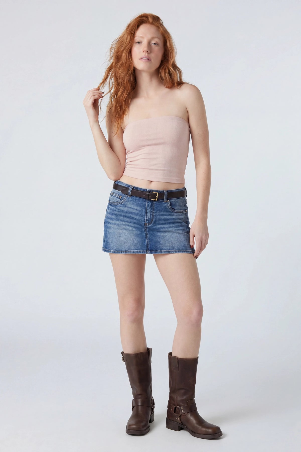 Stretch Denim Belted Mini Skort - Denim Blue