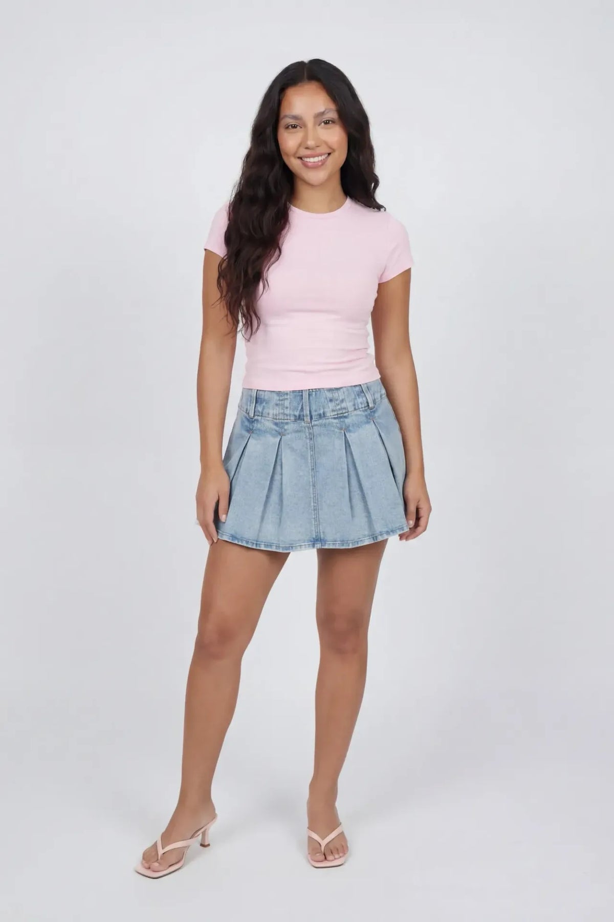 Pleated Denim Mini Skort - Light Denim Blue