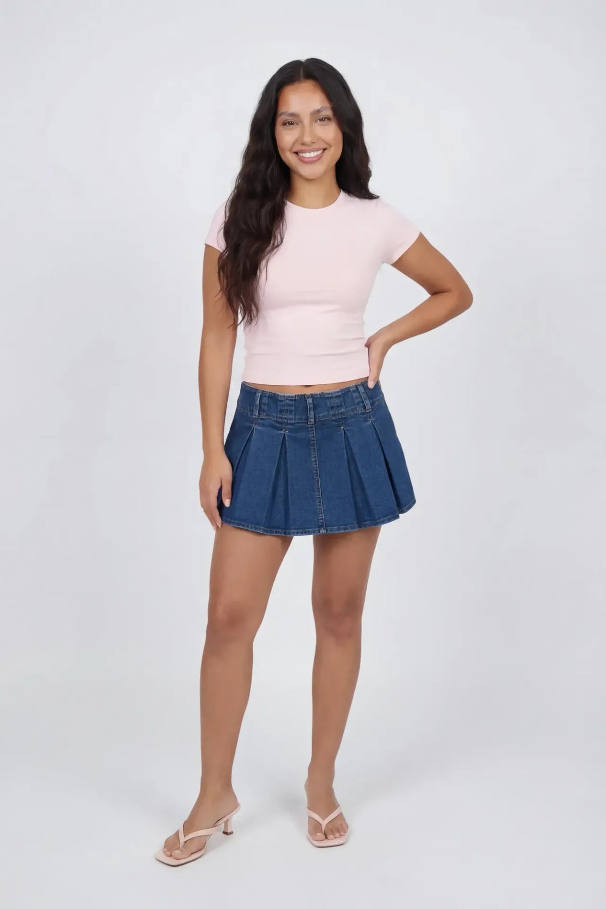 Pleated Denim Mini Skort - Denim Blue