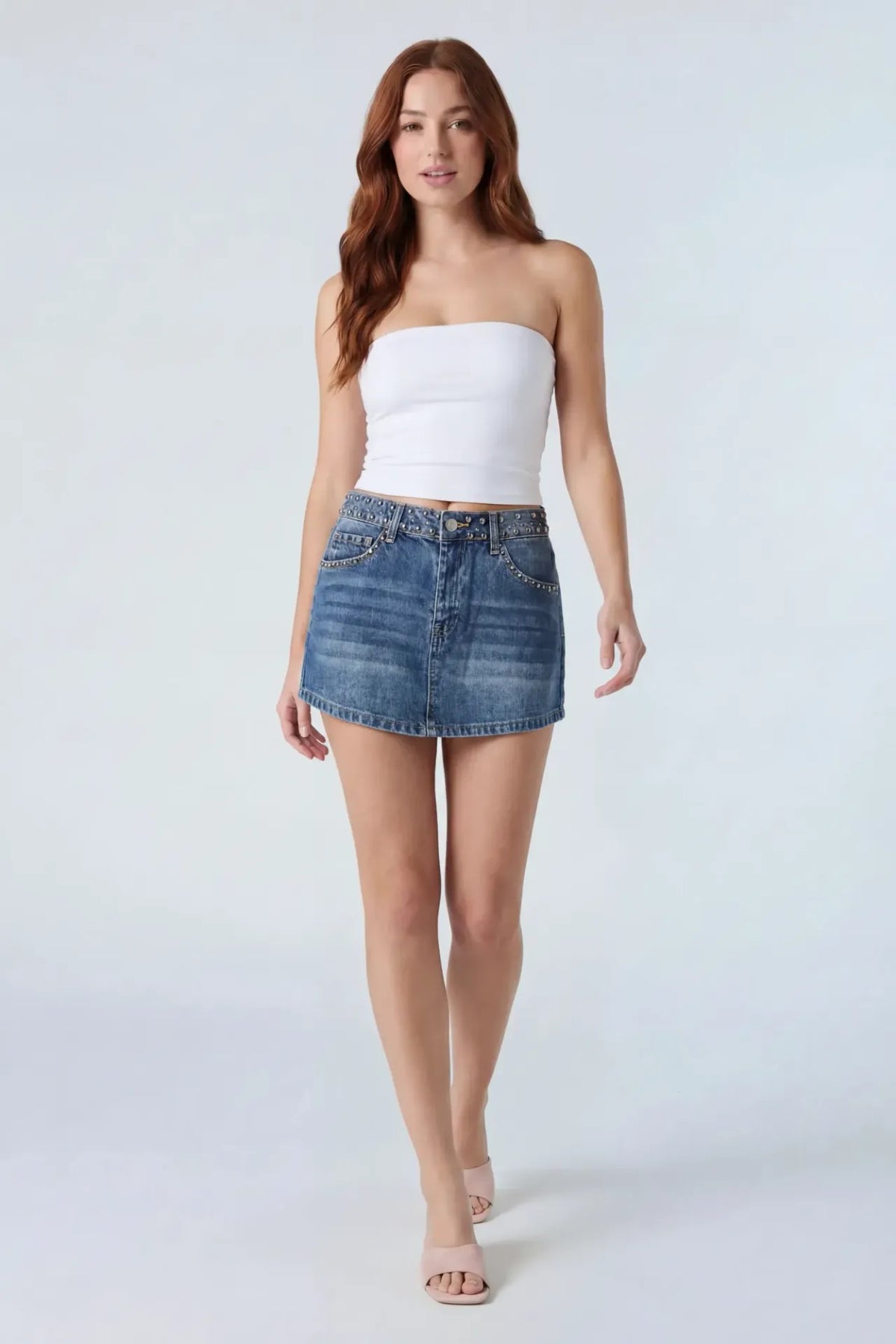 Studded Denim Mini Skirt - Pacific Blue