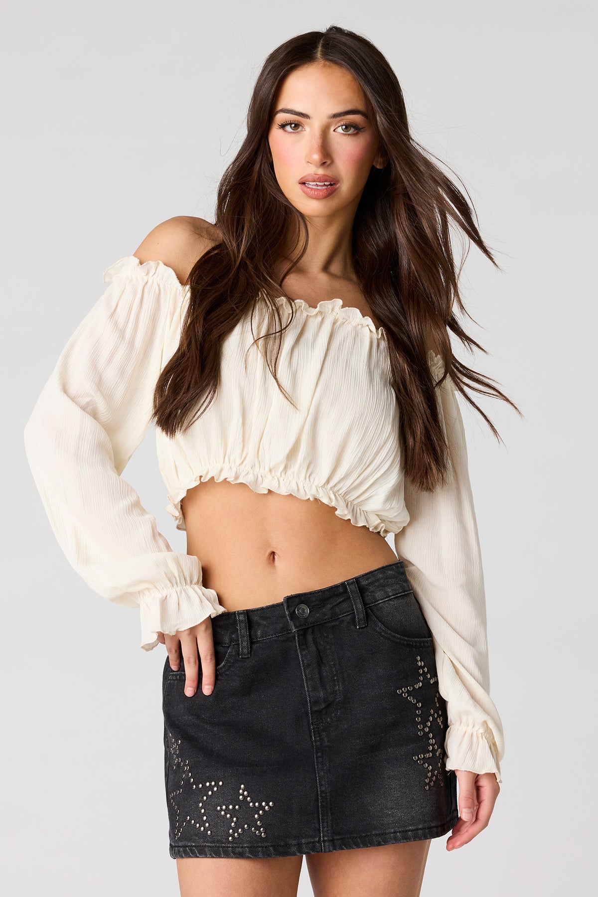 Star Studded Denim Skirt - Pure Black