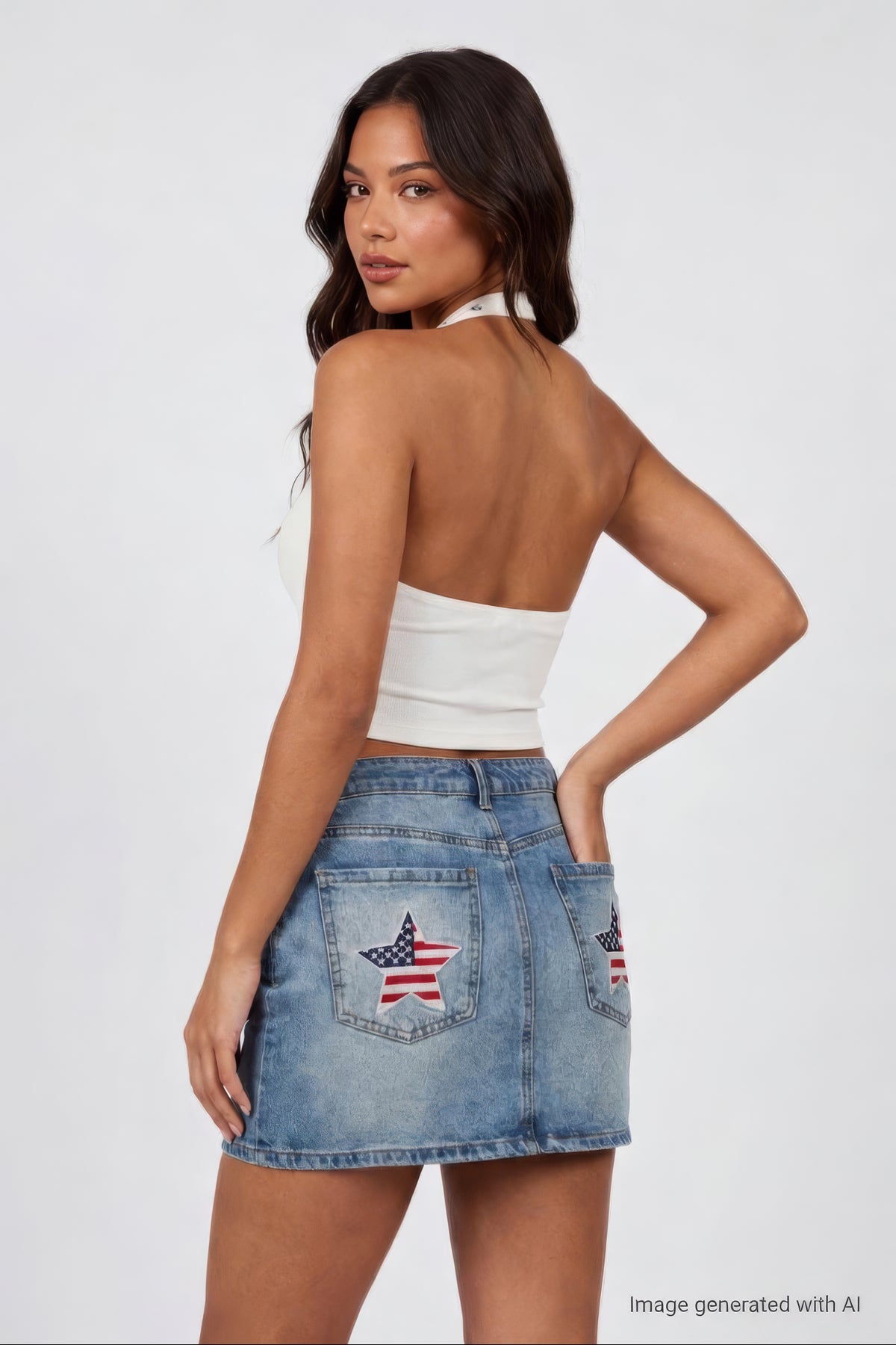 Alt View 2. USA Patch Denim Mini Skirt - Light Denim Blue