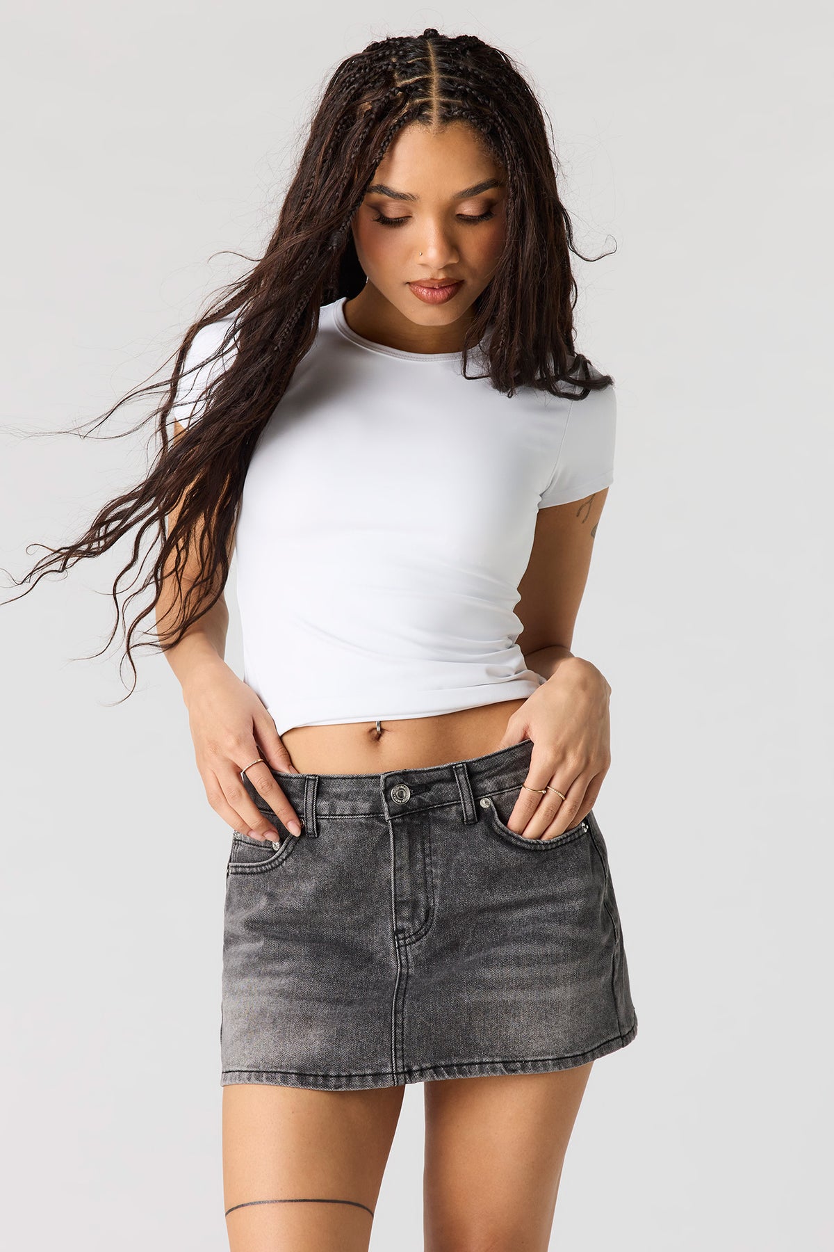 Alt View 2. Low Rise Rhinestone Pocket Denim Skort - Black