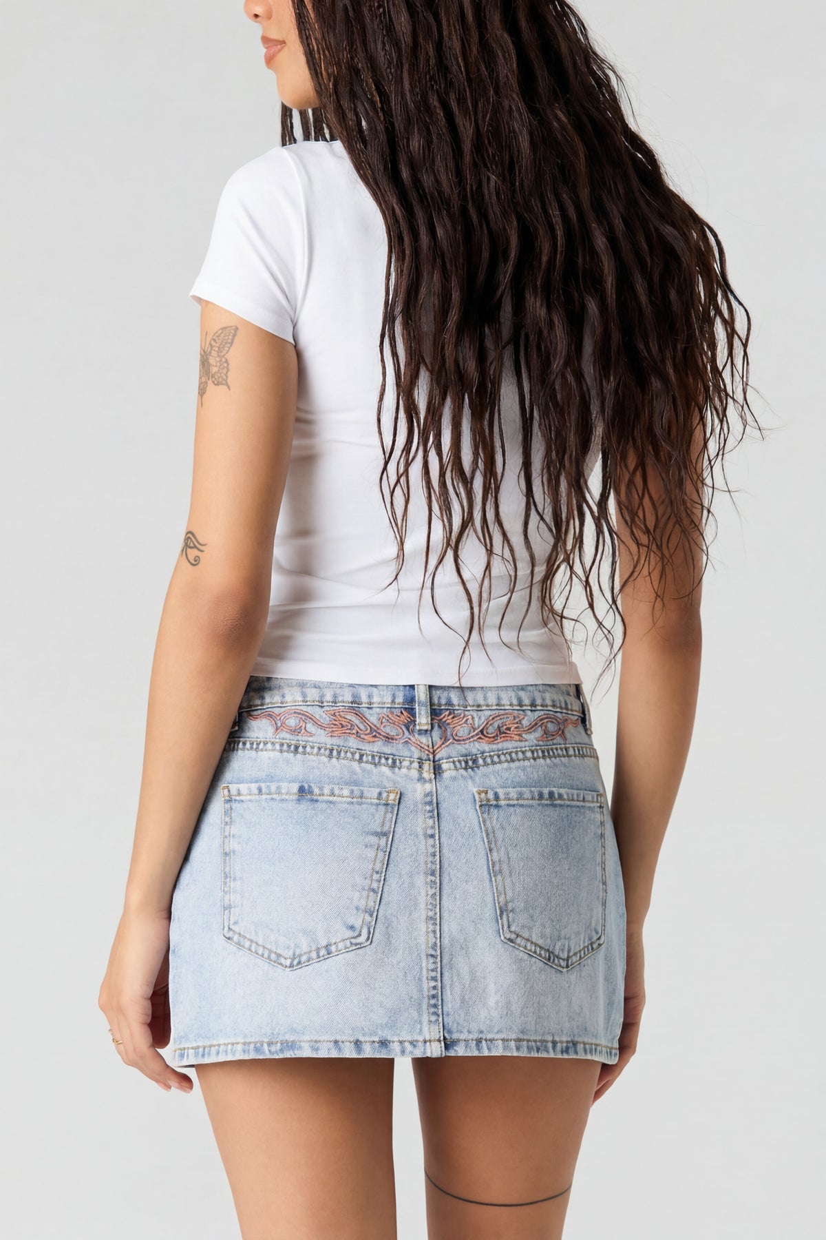 Low Rise Rhinestone Pocket Denim Skort - Light Denim Blue