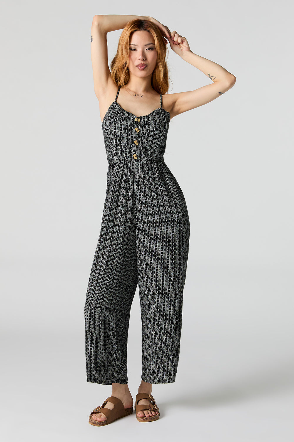 Printed Button Front Sleeveless Jumpsuit Printed Button Front Sleeveless Jumpsuit 1