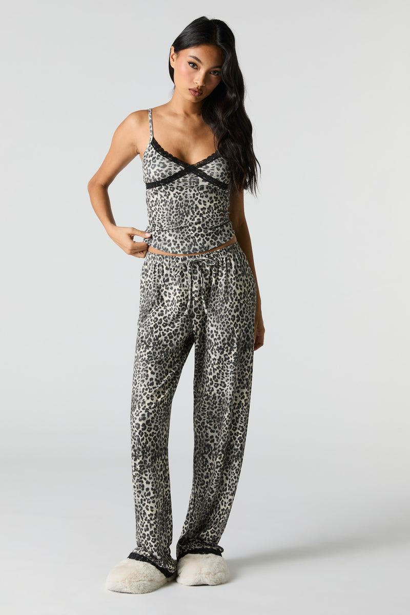 Ribbed Lace Trim Tank & Pant 2 Piece Pajama Set