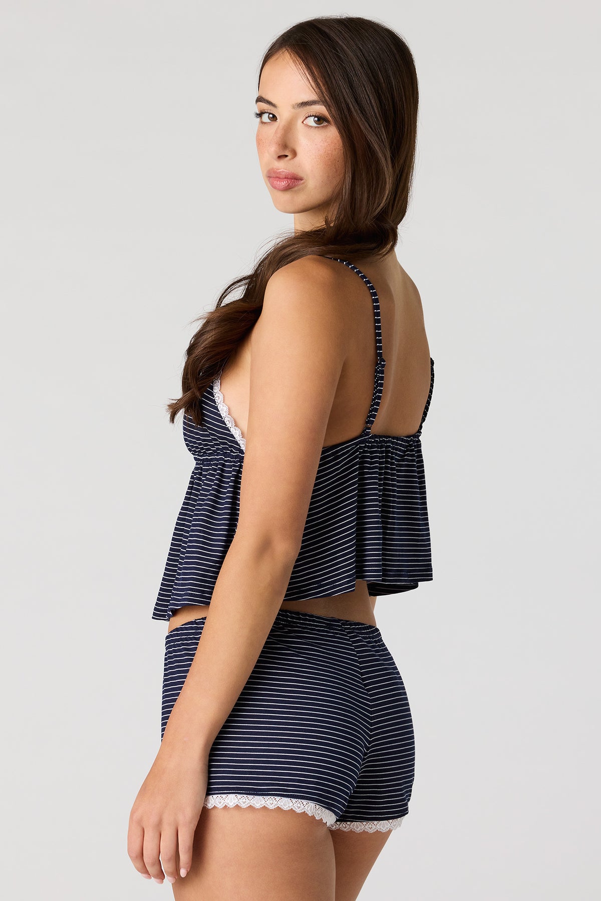 Alt View 2. Lace Trim Babydoll Tank & Short Pajama Set - Navy