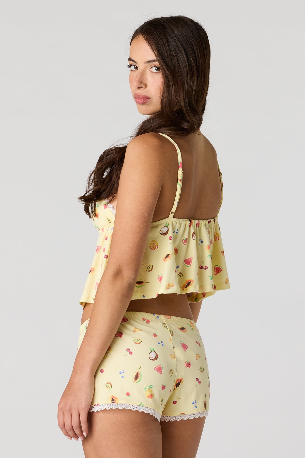 Alt View 2. Lace Trim Babydoll Tank & Short Pajama Set - Yellow