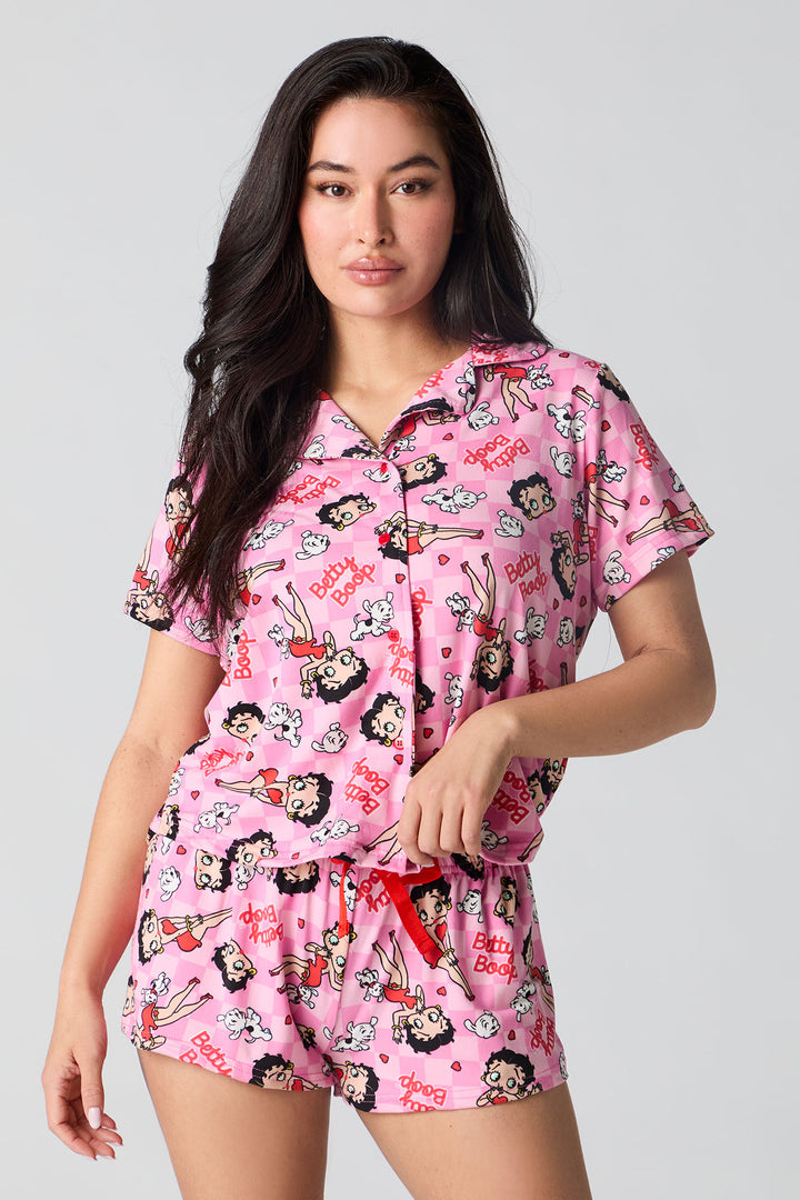 Cartoon Print Button-Up Top & Short 2 Piece Pajama Set