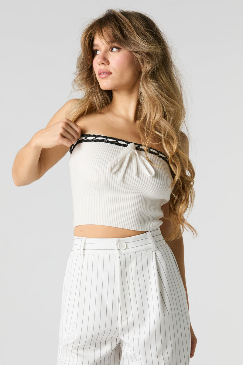 Ribbed Knit Lace Trim Tube Top