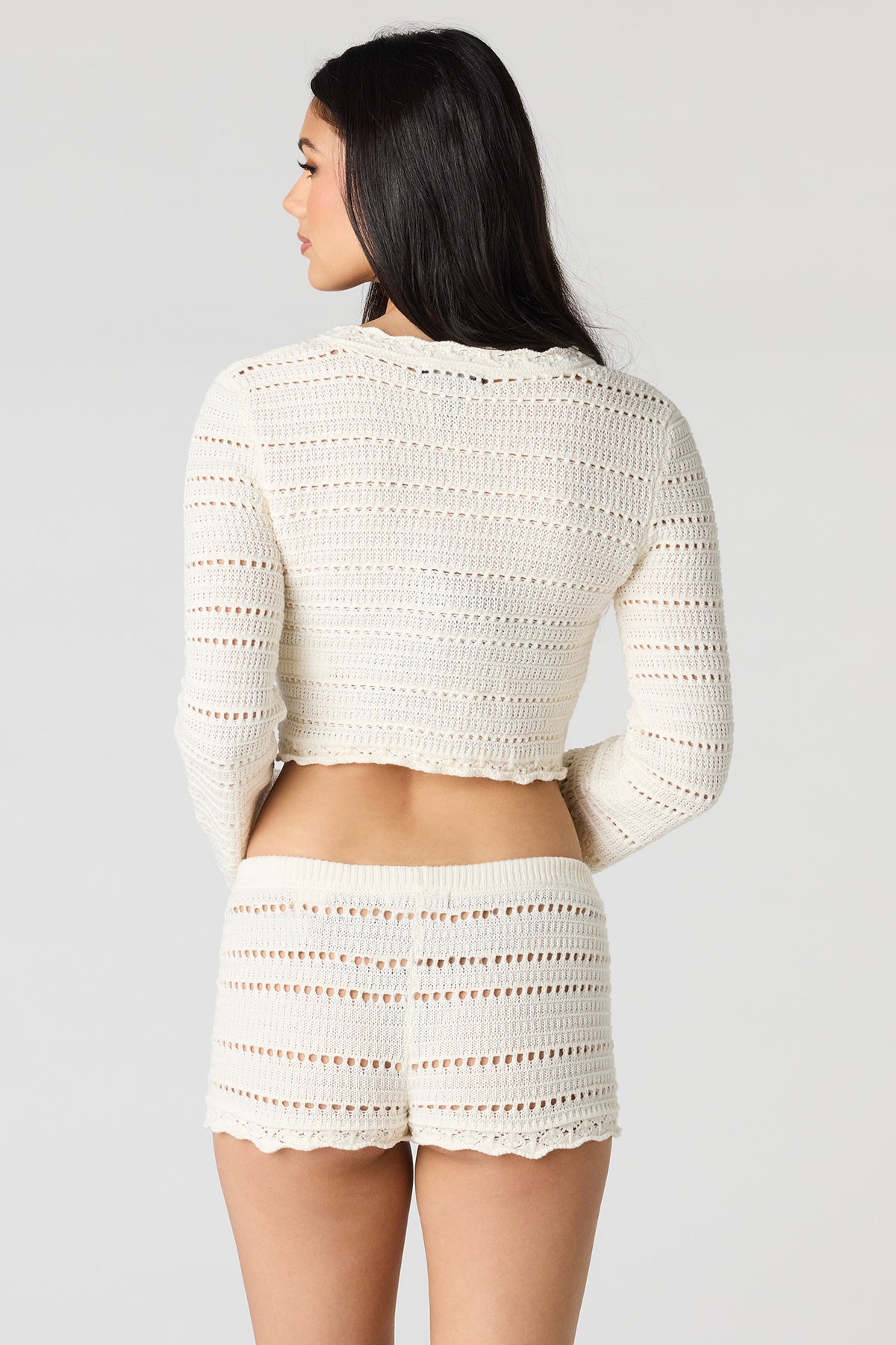 Alt View 2. Crochet Long Sleeve Top & Shortie Set - Ivory