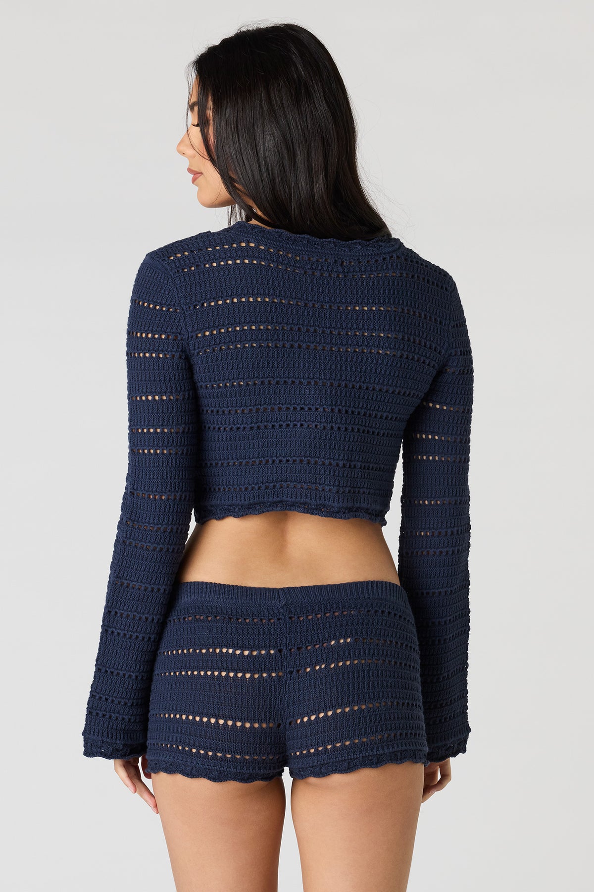 Alt View 2. Crochet Long Sleeve Top & Shortie Set - Navy