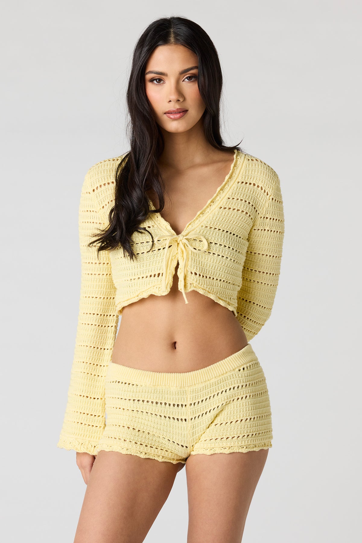 Crochet Long Sleeve Top & Shortie Set - Yellow