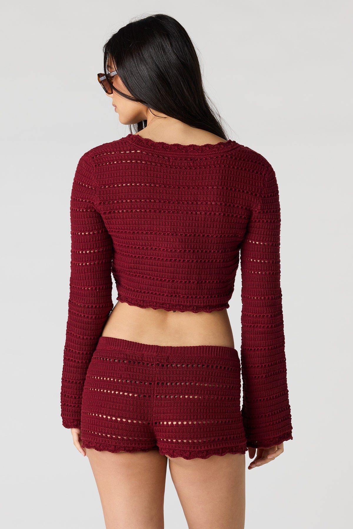 Alt View 2. Crochet Long Sleeve Top & Shortie Set - Burgundy
