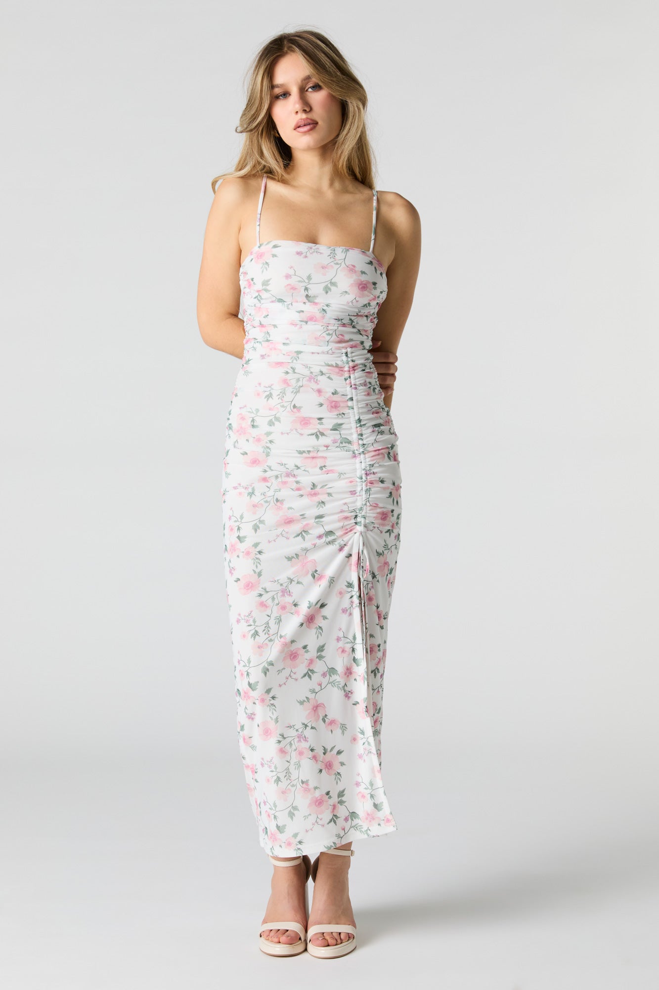 Floral Mesh Ruched Slit Midi Dress – Charlotte Russe Floral Mesh Ruched Slit Midi Dress – Charlotte Russe