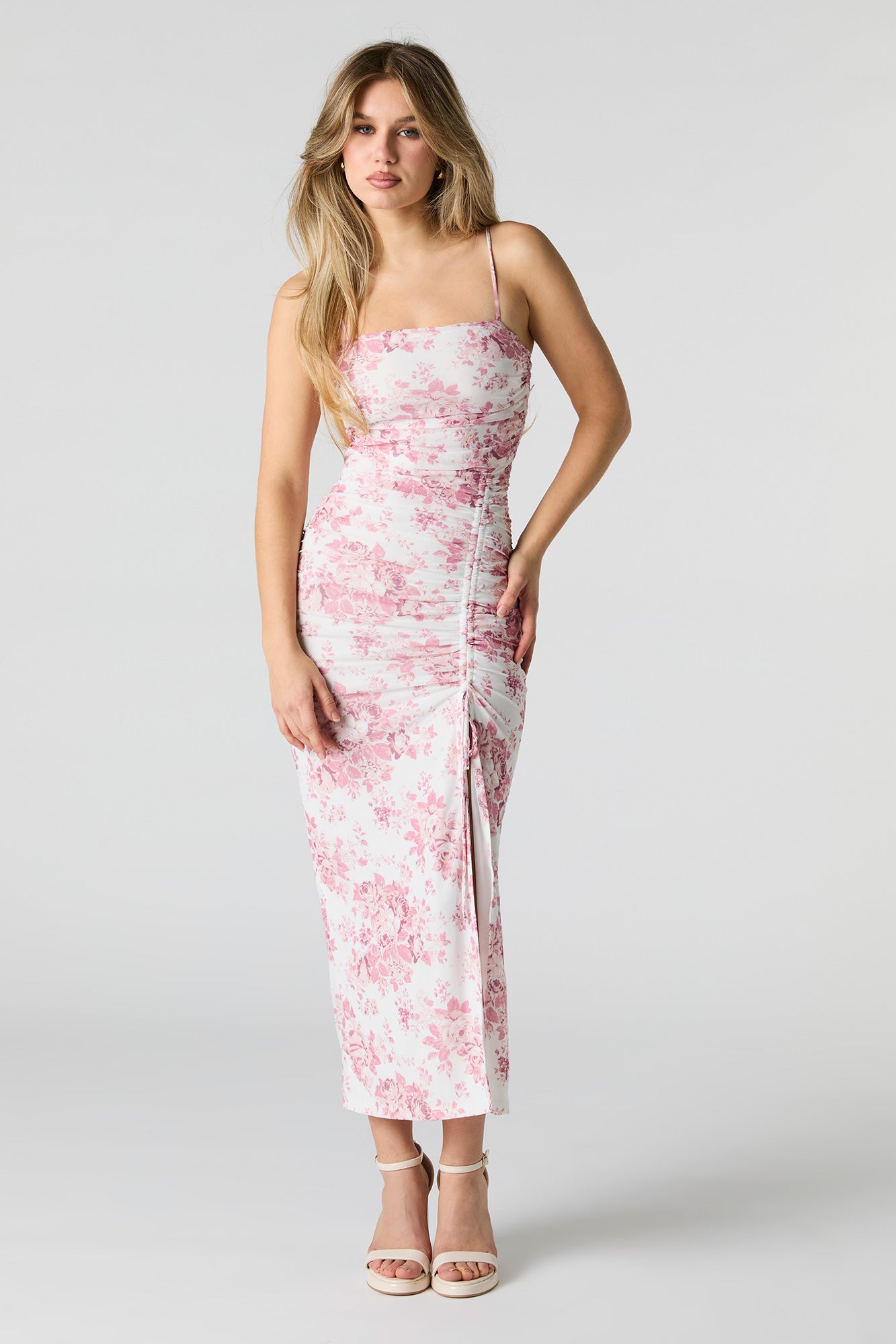 Floral Mesh Ruched Slit Midi Dress – Charlotte Russe