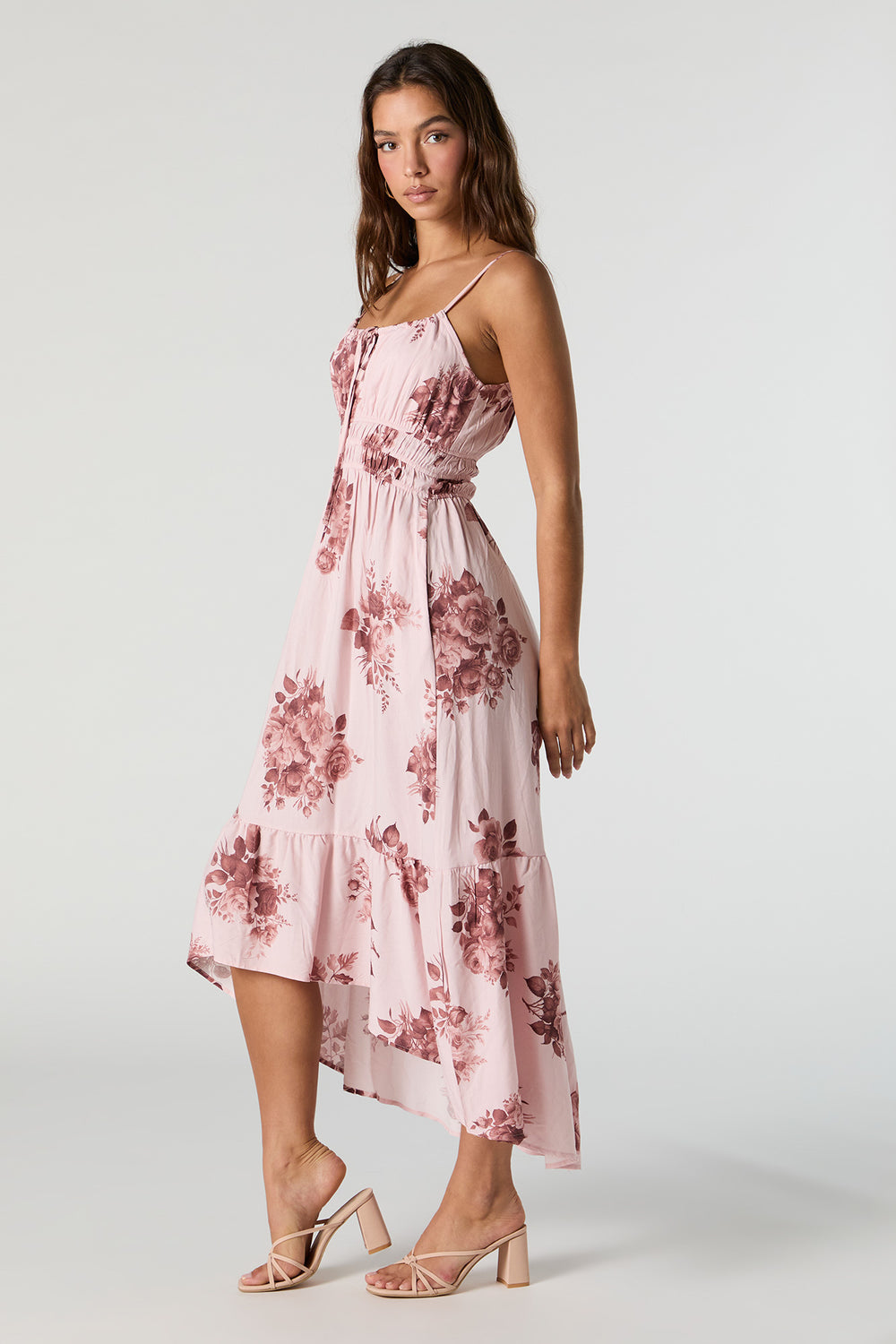 Pink Floral Sleeveless Milkmaid High Low Midi Dress Pink Floral Sleeveless Milkmaid High Low Midi Dress 2