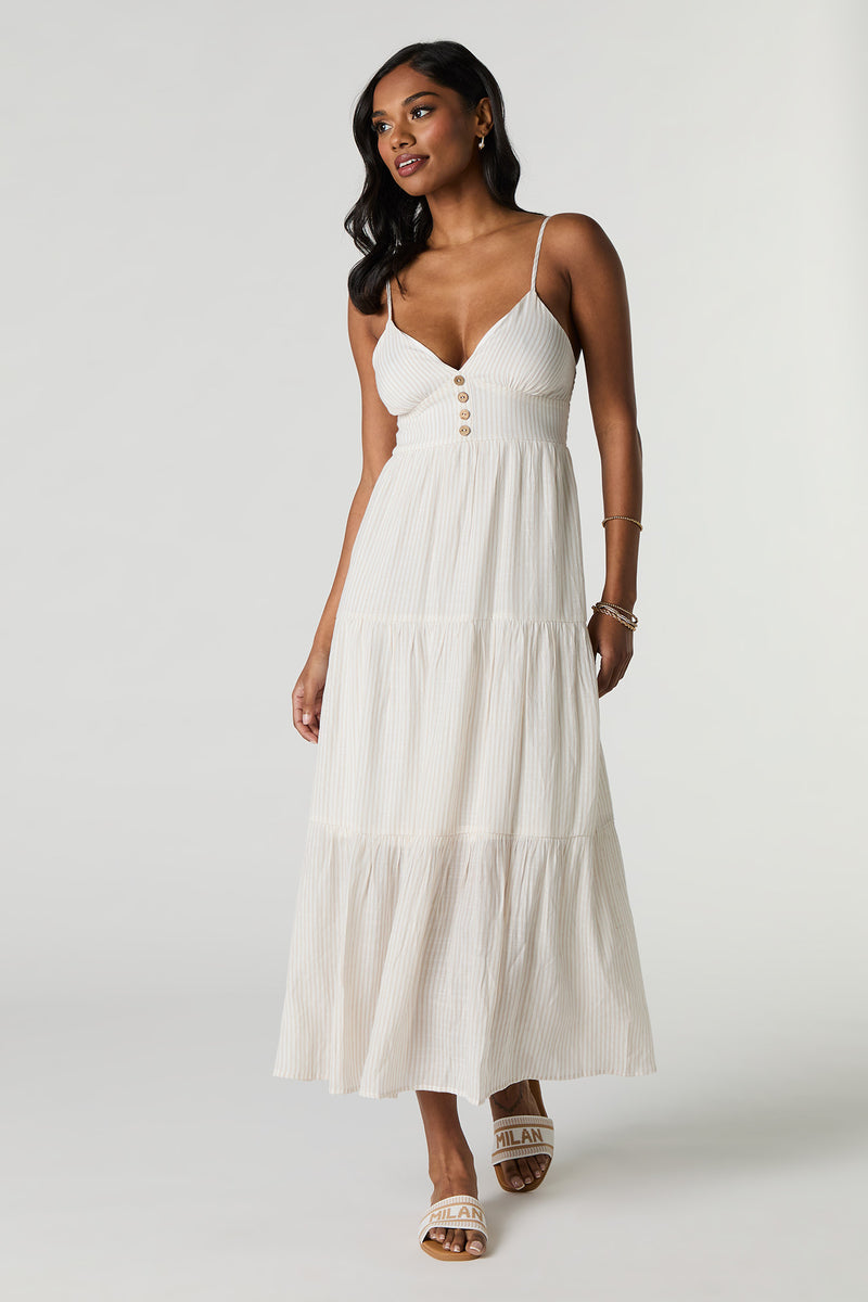 Button Front Tiered Midi Dress