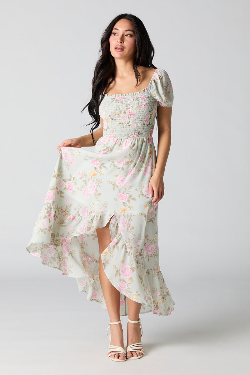 Floral Chiffon Asymmetrical Milkmaid Dress