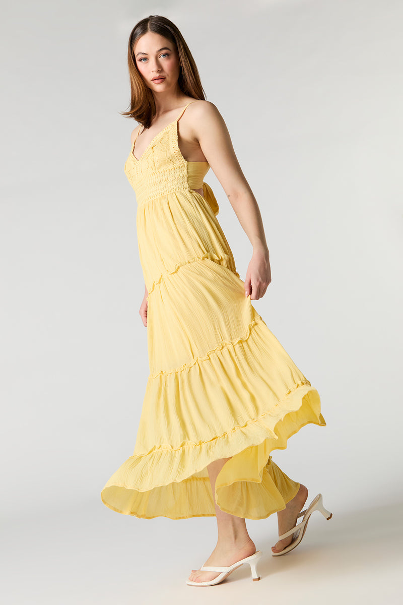 Crochet Trim Tiered Midi Dress