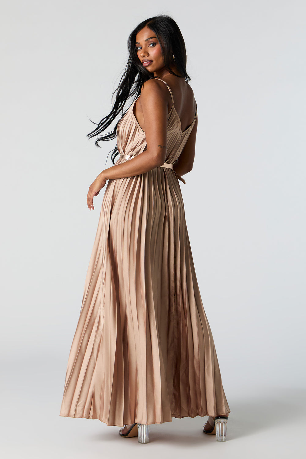 Satin Pleated Belted Maxi Dress Satin Pleated Belted Maxi Dress 3