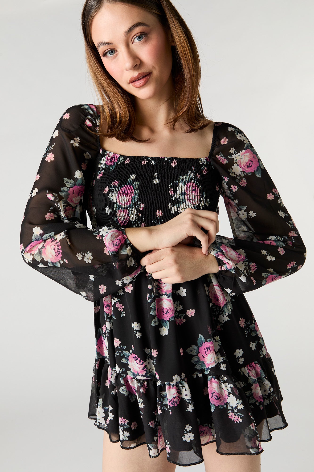 Floral Chiffon Smocked Long Sleeve Mini Dress – Charlotte Russe