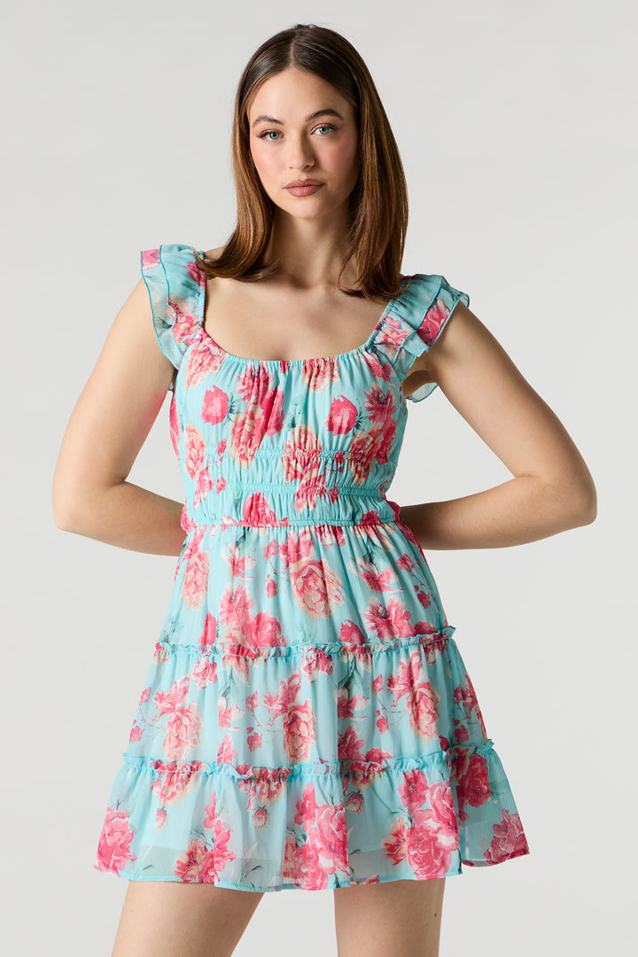 Chiffon Tiered Flutter Sleeve Mini Dress