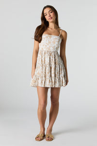 Printed Tie Back Tiered Mini Dress with Built-In Cups