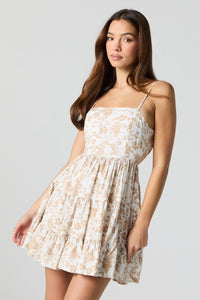 Printed Tie Back Tiered Mini Dress with Built-In Cups