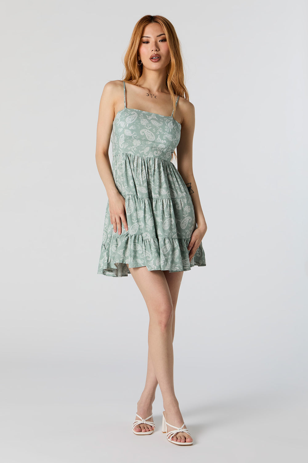 Green Floral Tiered Mini Dress with Built In Bra Cups Green Floral Tiered Mini Dress with Built In Bra Cups 3