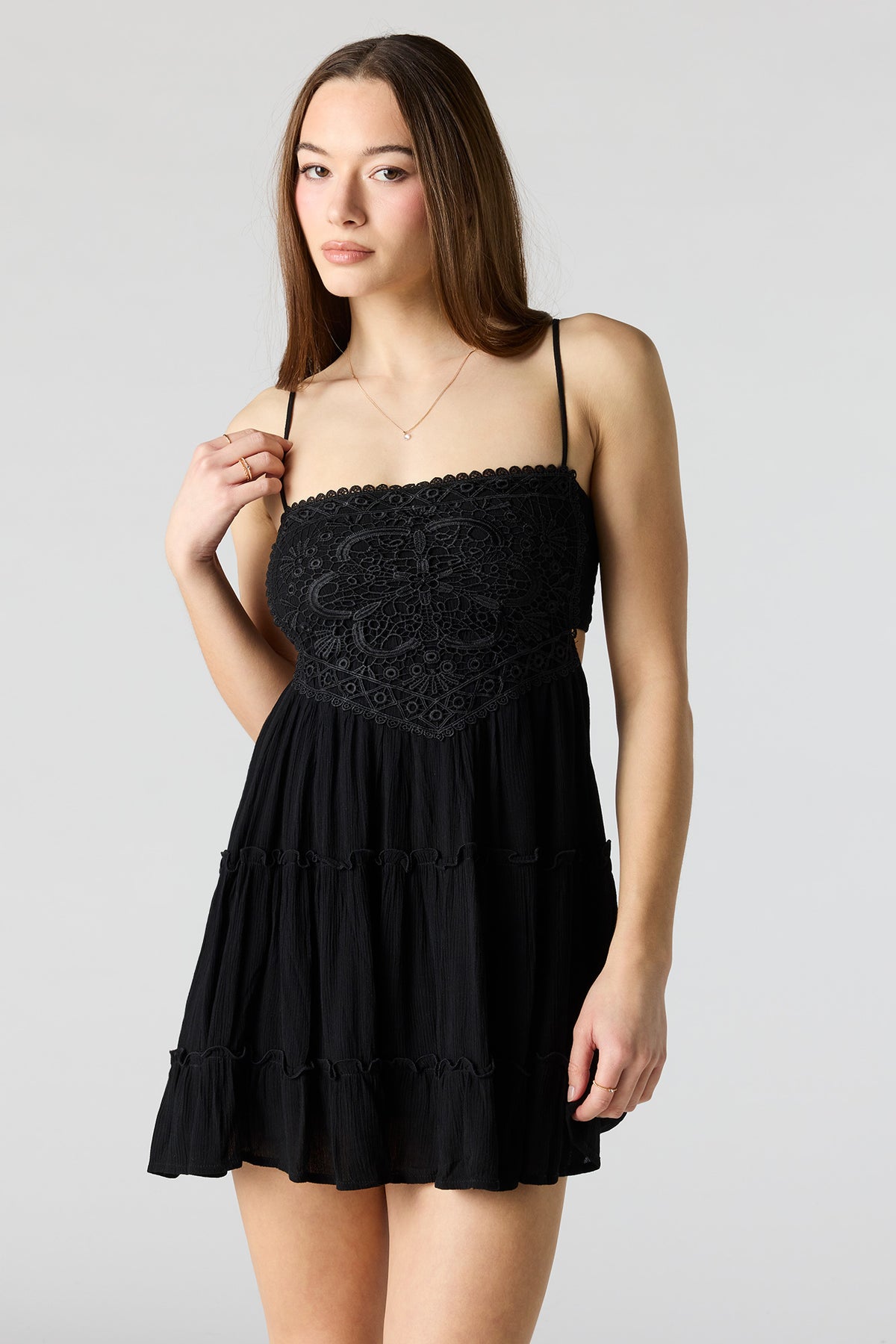 Lace Tiered Mini Dress - Black