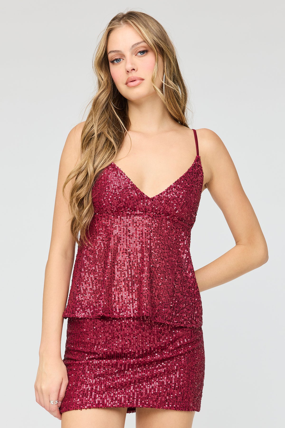 Sequin Babydoll Top - Burgundy