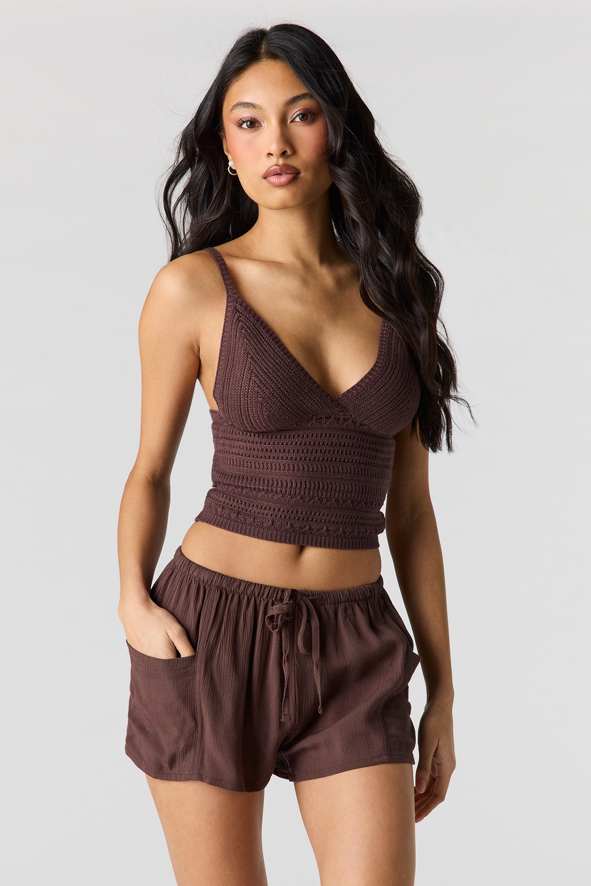 Textured Drawstring Short - Brown