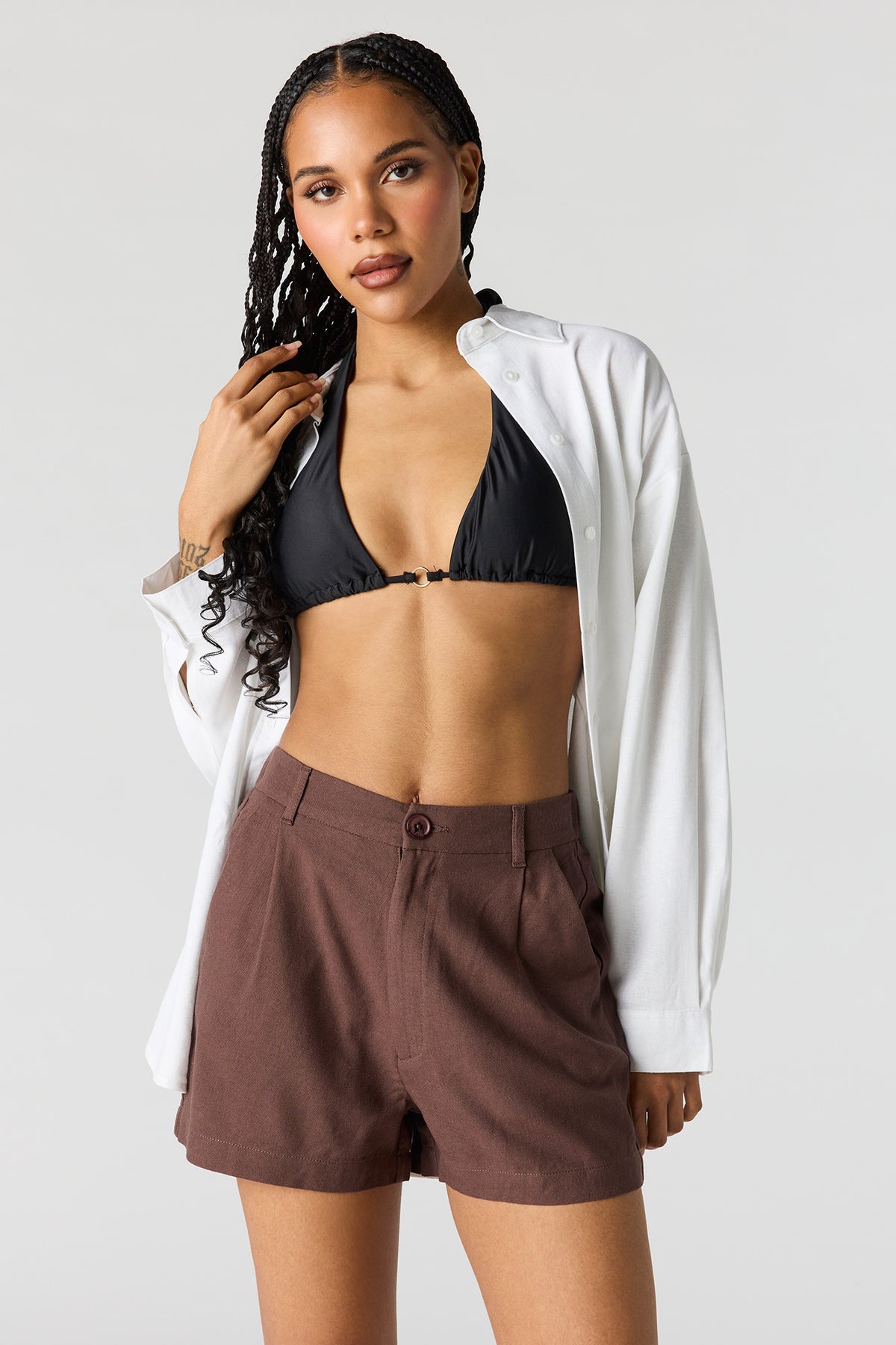 Linen-Blend Tailored Short - Brown