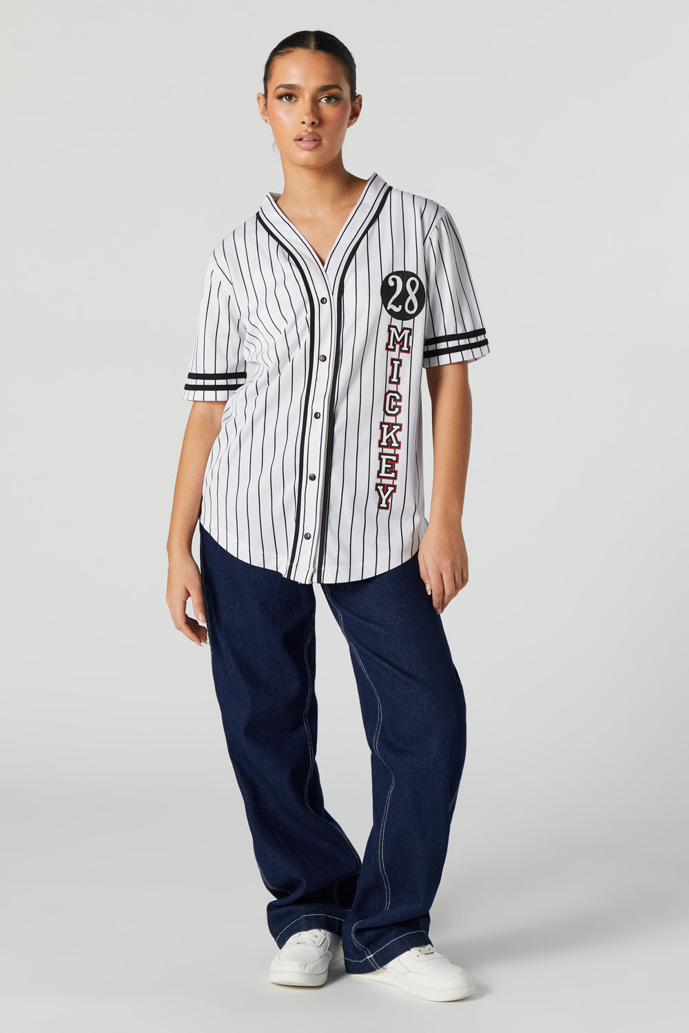 Pinstriped Mickey Mouse Graphic Baseball Jersey Pinstriped Mickey Mouse Graphic Baseball Jersey 3