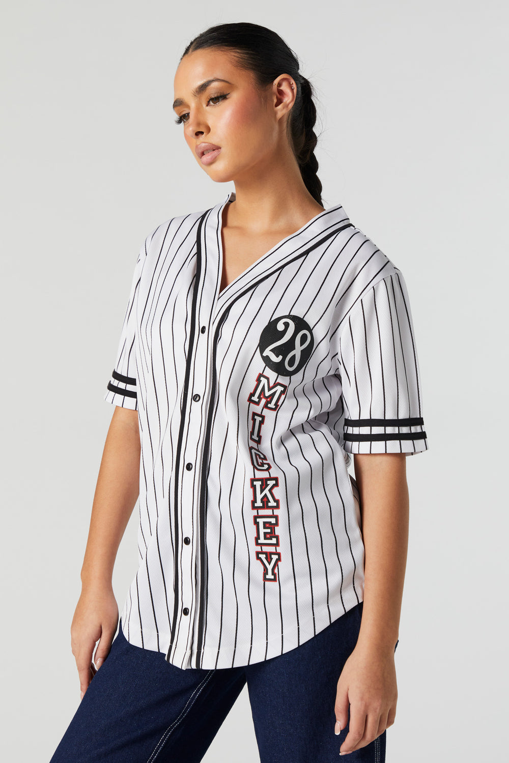 Pinstriped Mickey Mouse Graphic Baseball Jersey Pinstriped Mickey Mouse Graphic Baseball Jersey 2
