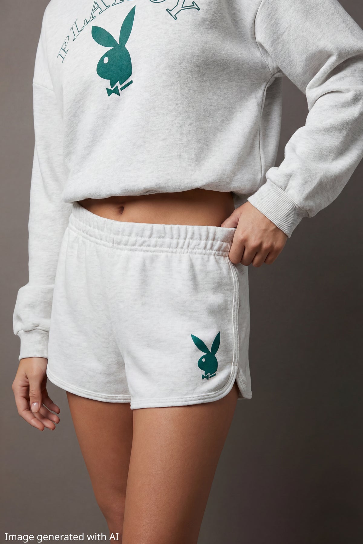 Alt View 3. Playboy Graphic Fleece Dolphin Short 2.5" - Light Grey