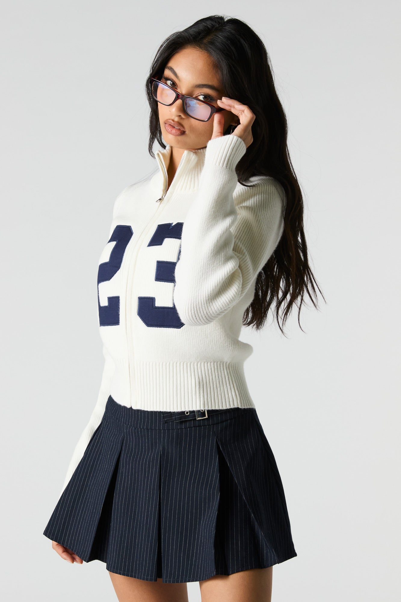 Number Embroidered Zip-Up Sweater