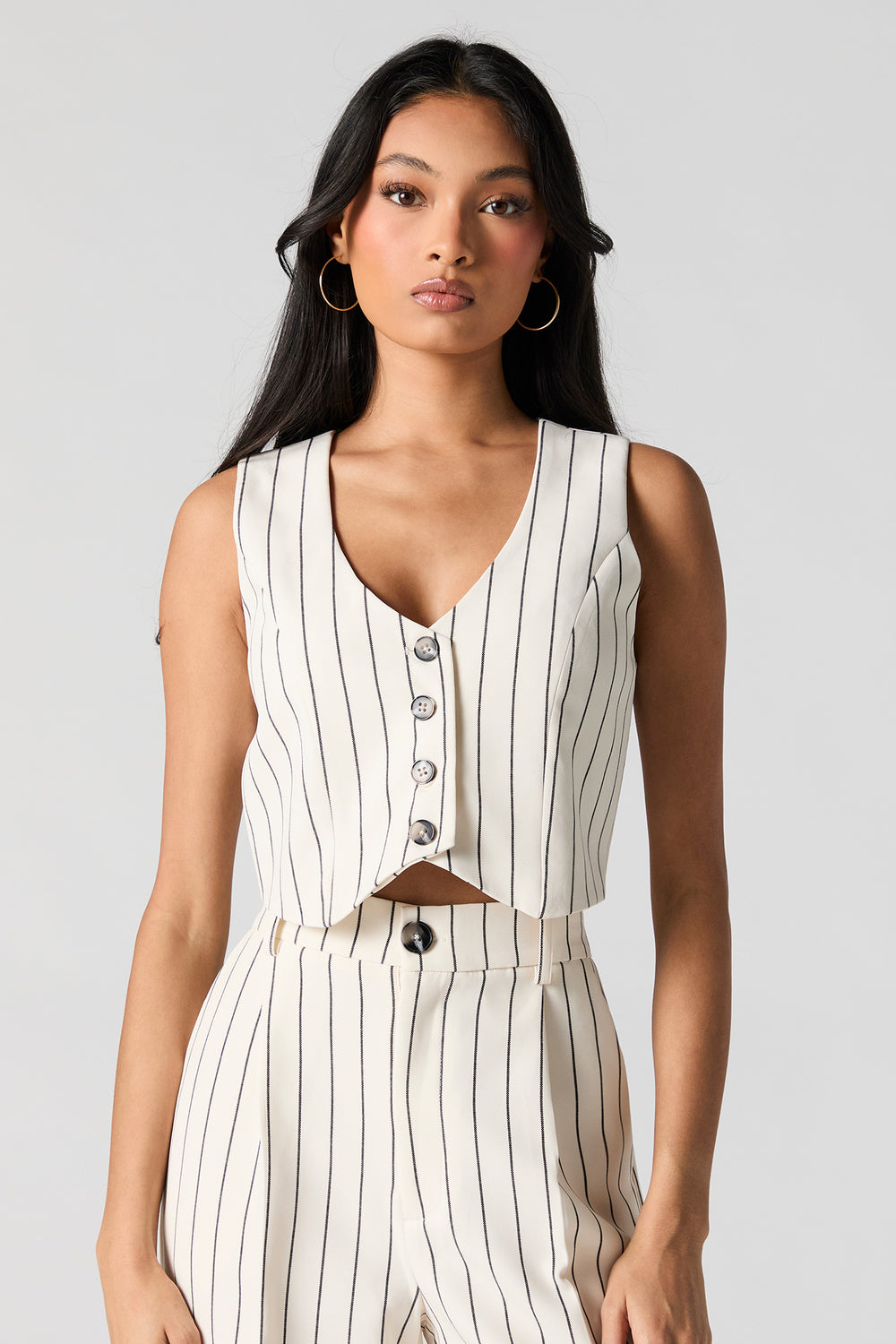 Pinstriped Cropped Button-Up Vest Pinstriped Cropped Button-Up Vest 1