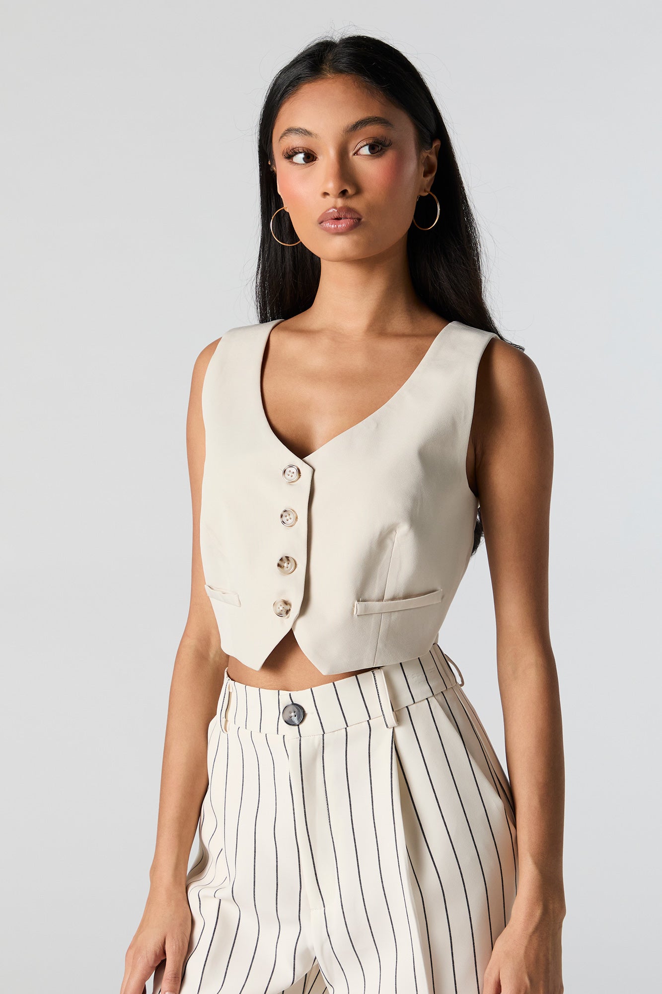 Striped Cropped Welt Pocket Vest