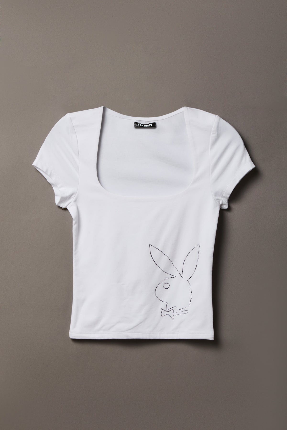 Alt View 4. Soft Contour Playboy Rhinestone Square Neck T-Shirt - White