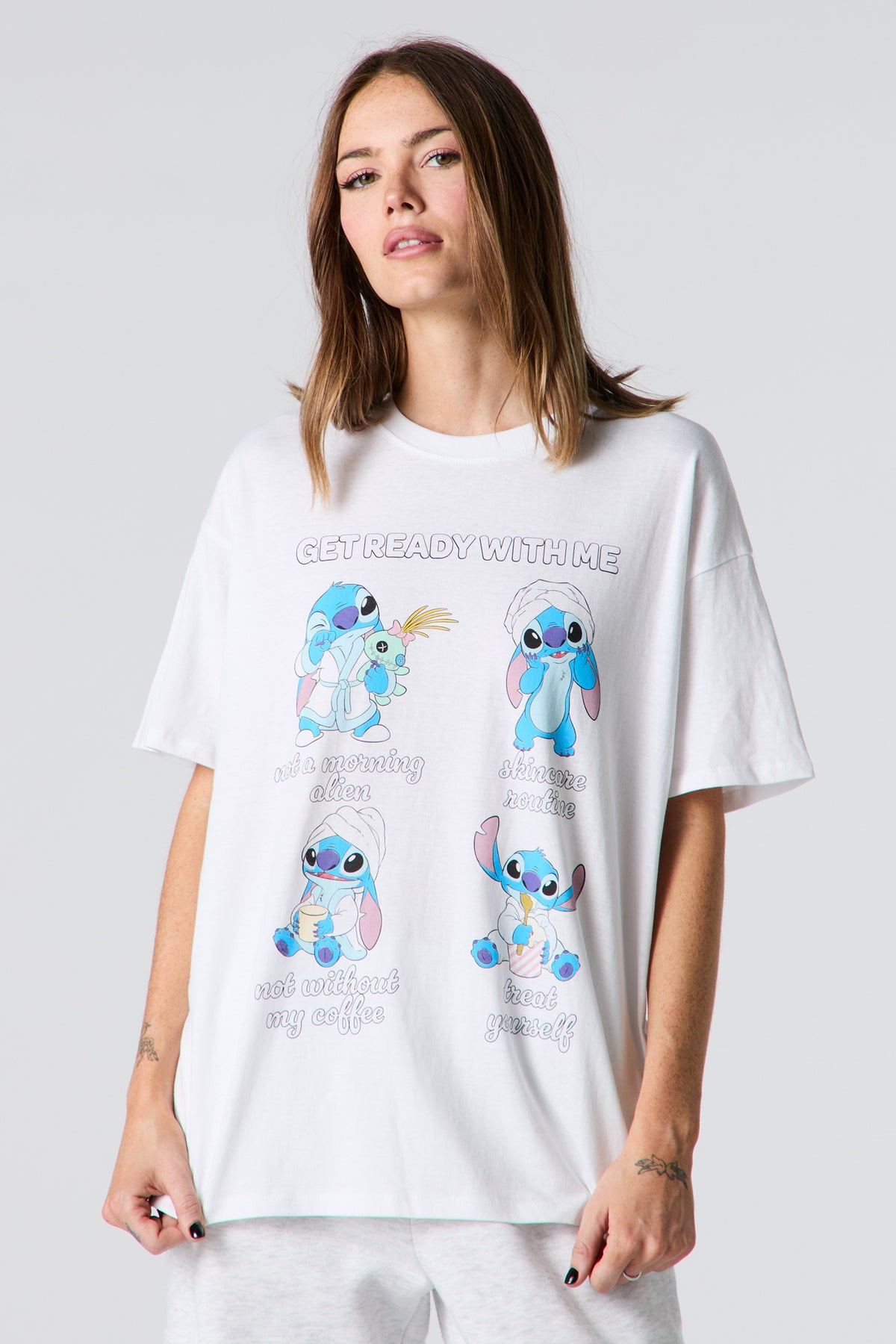 Get Ready With Stitch Graphic Boyfriend T-Shirt - White