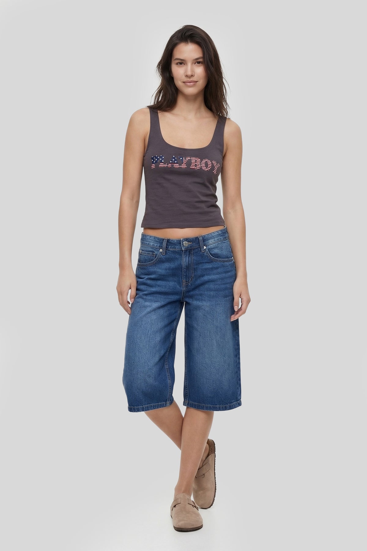 Alt View 4. Playboy Graphic Cropped Tank - Dark Grey