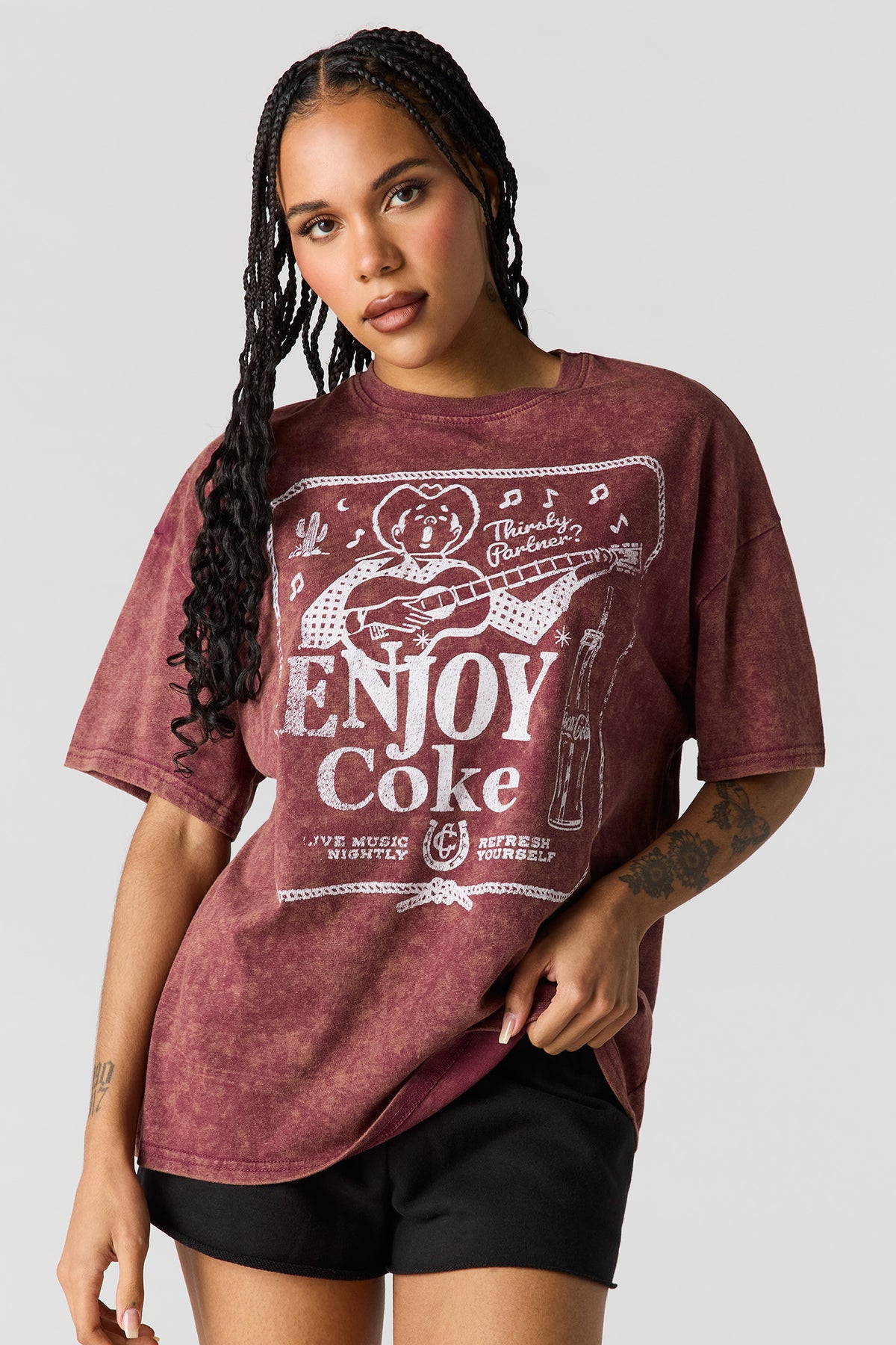 Oversized Coca-Cola Graphic Washed T-Shirt - Burgundy