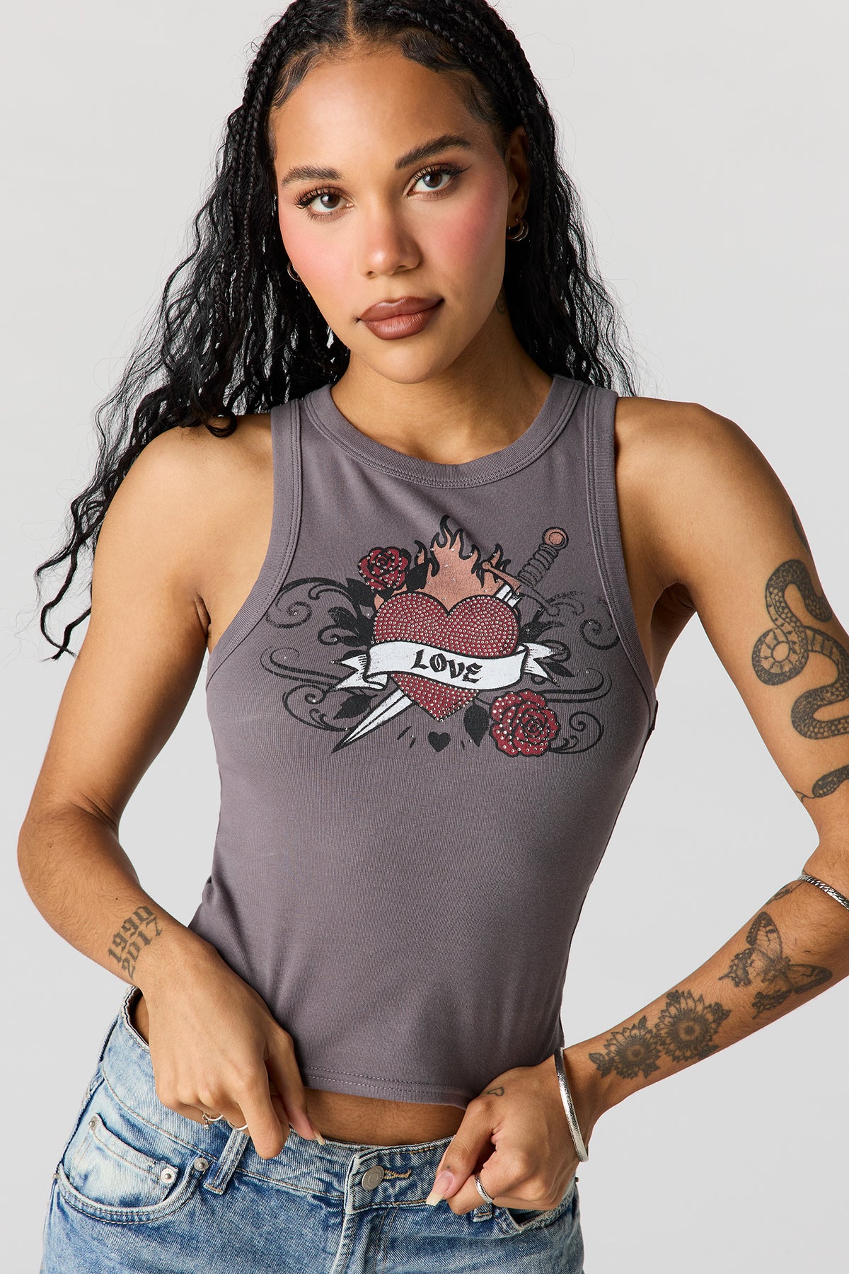 Rhinestone Ribbed Tank - Dark Grey